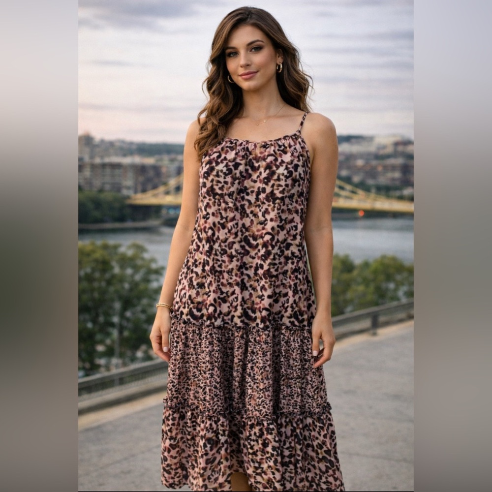 Lipsy London Slip Maxi Dress 14 Brown Black Pink Tiered Cottage Relaxed NWT NEW